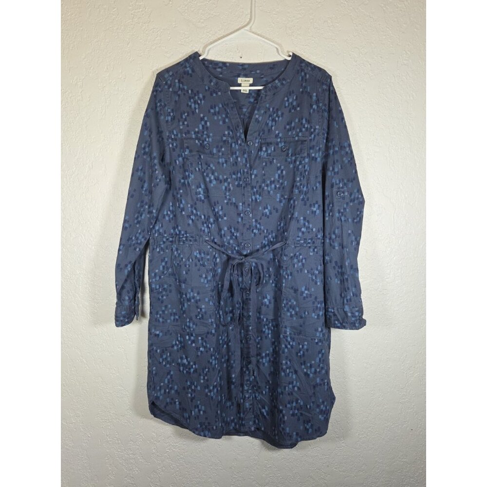LL Bean Signature Womens Belted Shirt Dress Sz Large Nautical Blue